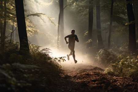 Young man running in the forest at night. Healthy lifestyle concept.の素材