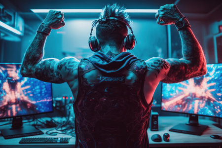 Young gamer playing video games at home with a computer and headphones in a neon light. The concept of online gaming, esports, celebrating victory, cyberpunk styleの素材