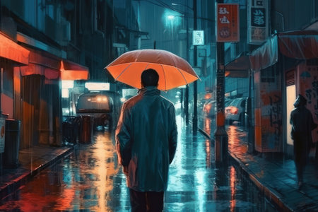A man in a raincoat and an umbrella walks along the street at night. Concept art, illustration style, Digital drawing, Cyberpunkの素材