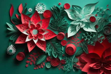 Paper art style flowers with leaves on green background. 3d Render illustration.の素材
