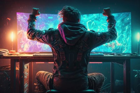 Young gamer playing video games at home with a computer and headphones in a neon light. The concept of online gaming, esports, celebrating victory, cyberpunk styleの素材