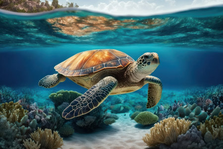 Hawaiian Green Sea Turtle swim in the blue ocean underwater, Generative Aiの素材