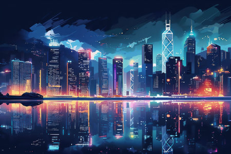 Night city with skyscrapers and reflection in water, illustration style, Generative Aiの素材