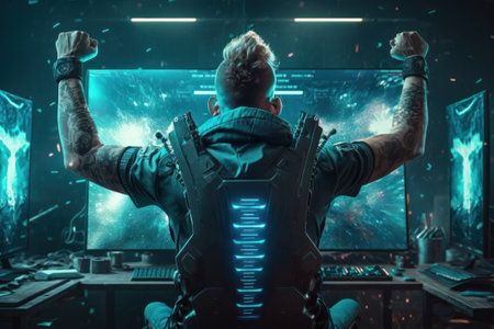 Young gamer playing video games at home with a computer and headphones in a neon light. The concept of online gaming, esports, celebrating victory, cyberpunk styleの素材