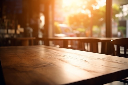 Empty wooden table and chair in coffee shop or restaurant with sunlight.の素材