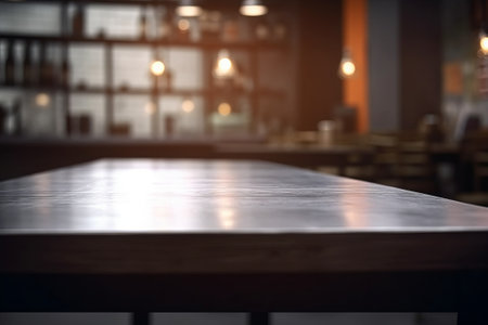 Empty wooden table in front of blurred background of coffee shop or restaurantの素材