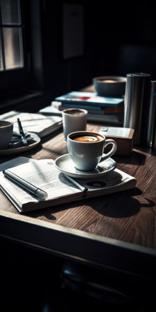 Coffee cup and book on table in coffee shop, stock photoの素材