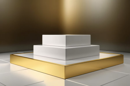 3D rendering of the white and gold podium for product presentation in the studioの素材