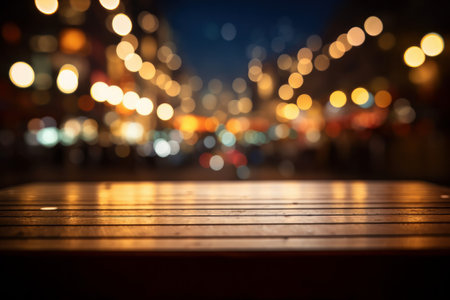 Empty wooden table in front of abstract bokeh lights background.の素材