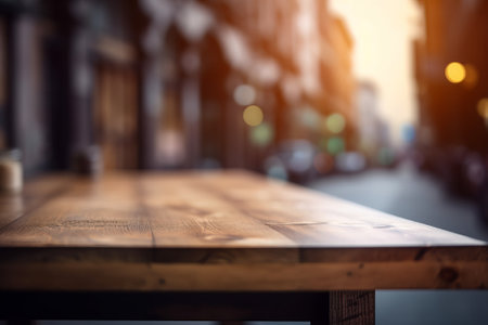 Empty wooden table in front of blurred city background. For product displayの素材