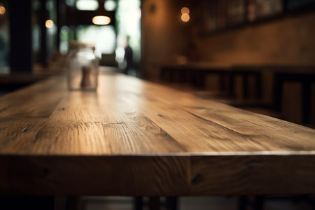 Empty wooden table and Coffee shop blur background with bokeh image.の素材
