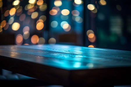 Empty wooden table in a cafe with bokeh lights background.の素材