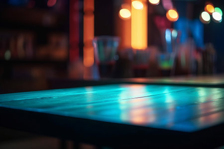 Empty wooden table and blurred background of bar or pub at night.の素材