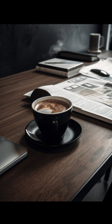 Coffee cup on the wooden table with newspaper and laptop.の素材