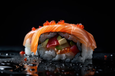 Sushi roll with salmon, avocado and caviar on black backgroundの素材