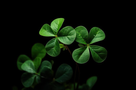 Green clover leaves on a black background. Shallow depth of field.の素材