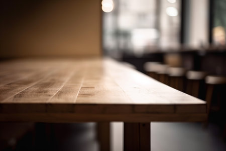 Empty wooden table in a coffee shop, shallow depth of field.の素材