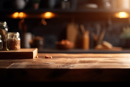 Wooden table and blurred background of kitchen interior, shallow depth of fieldの素材