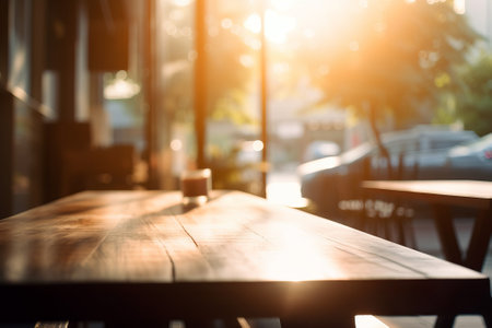 Empty wooden table and Coffee shop blur background with bokeh imageの素材