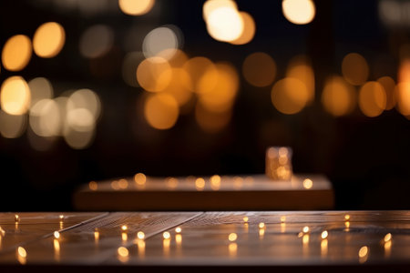 wooden table in a cafe with bokeh lights, backgroundの素材