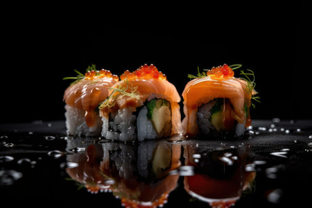 Sushi on a black background with drops of water, close-upの素材