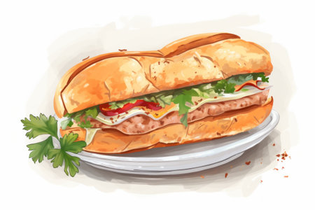 Illustration of a sandwich on a plate with parsley and tomatoesの素材