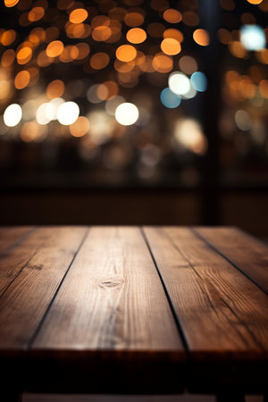 Empty wooden table and abstract bokeh background. For product displayの素材
