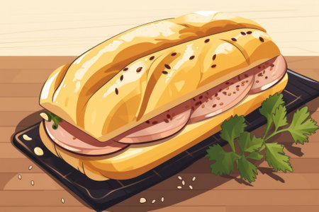 Sandwich with ham and cheese on a wooden table. Realistic illustration.の素材