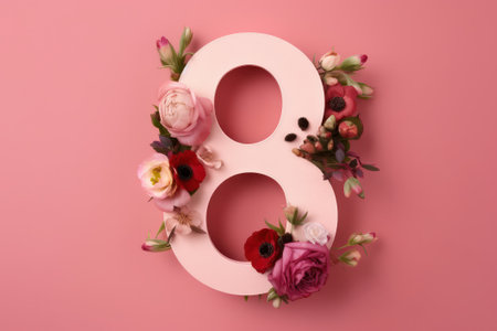 Number eight made of flowers on pink background. Women's day conceptの素材