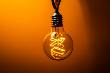 An illuminated fluorescent light bulb on an orange background with copy space, Generative Aiの素材