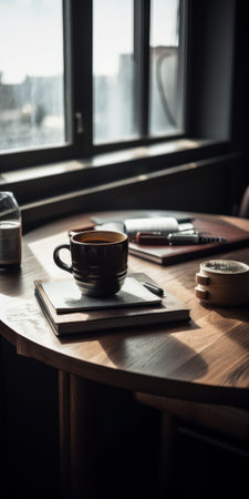 Coffee cup and notebook on wooden table in coffee shop.の素材
