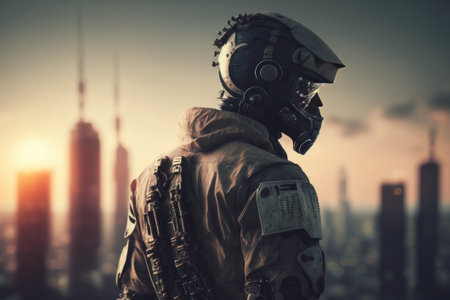 Astronaut in a gas mask and a helmet against the background of the city.の素材