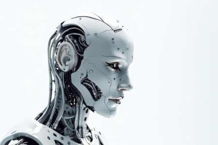 An artificially intelligent, Robot woman. 3D rendering humanoid robot isolated on gray background, in the style of light silver and white, close-up intensityの素材