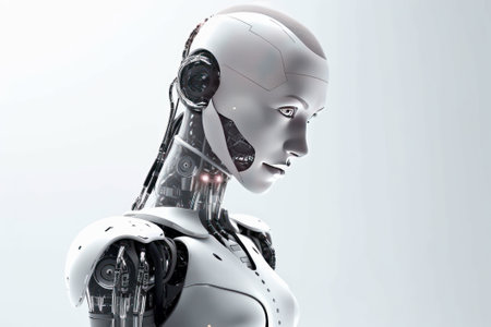 An artificially intelligent, Robot woman. 3D rendering humanoid robot isolated on gray background, in the style of light silver and white, close-up intensityの素材