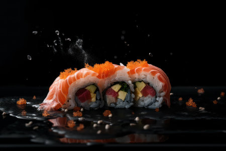 Sushi on a black background with splashes and drops of waterの素材