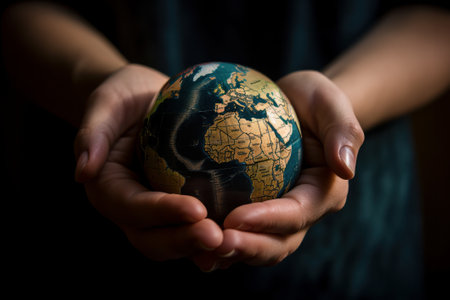 Hands holding a globe in a dark room. Earth day conceptの素材