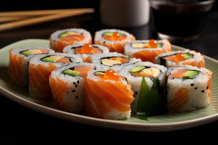 Sushi set on a black background. Japanese food. Sushi rolls.の素材