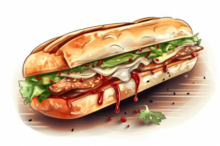 Illustration of a hot dog with lettuce, tomato and mayonnaise. Realistic illustration.の素材