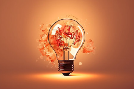Glass light bulb on orange background with splashes of red and orange paintの素材