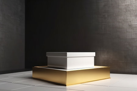 3D render of the golden pedestal in the room with black wallの素材