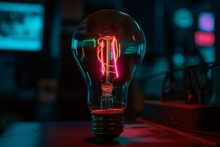 Close up of a glowing light bulb on a desk in a dark roomの素材