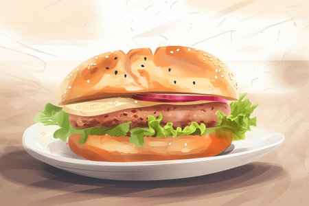 Hamburger on a white plate. Realistic illustration.の素材