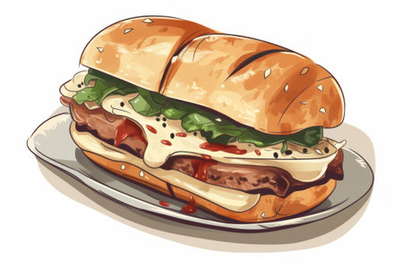 Illustration of a hamburger with lettuce, tomato, cheese and sauce, Realistic illustration.の素材