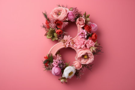 Number eight made of flowers on pink background. Women's day conceptの素材