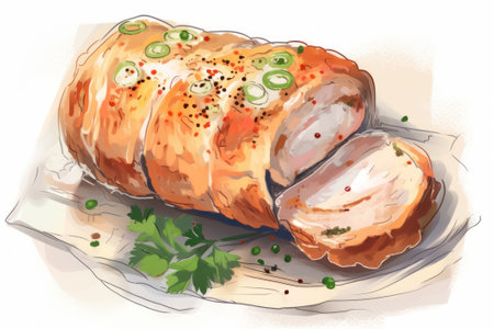 Illustration of a roll with chicken and vegetables on a white backgroundの素材