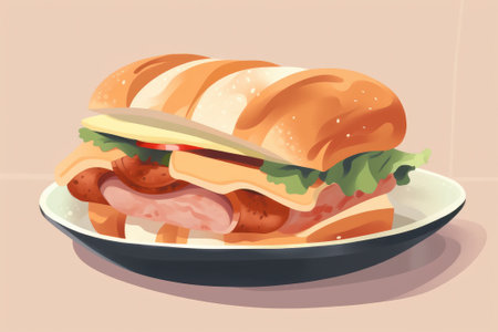 Illustration of a sandwich with sausage and lettuce on a plate.の素材