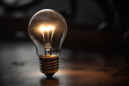 Incandescent light bulb on wooden table with copy space for your text.の素材