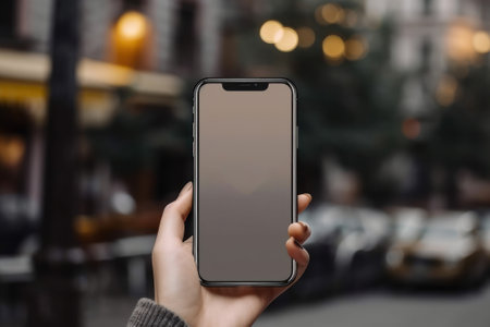 Hand holding smartphone with blank screen on blurred background of city street, mockupの素材