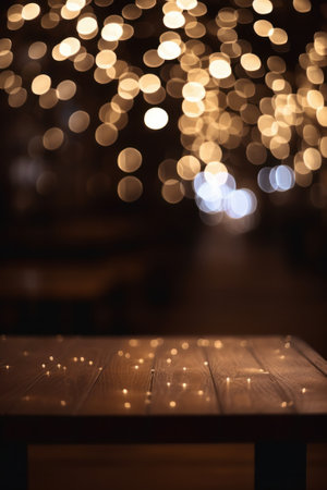 Empty wooden table in front of abstract bokeh lights background.の素材