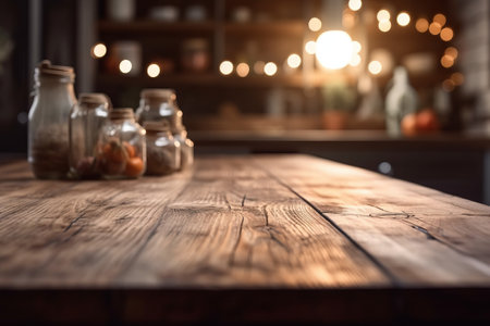 Empty rustic wooden table in front of defocused lights in the kitchenの素材